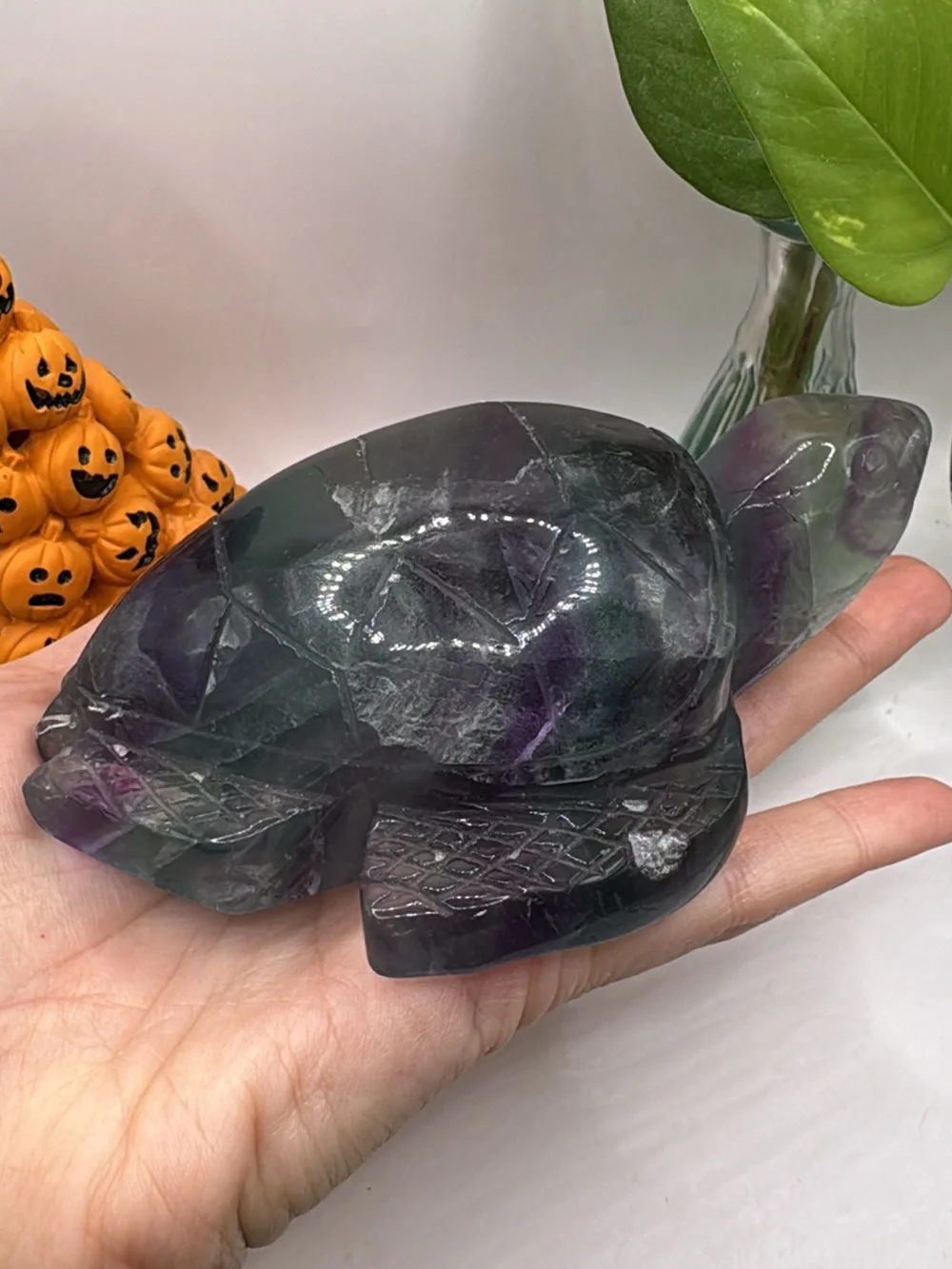 Hand-Carved Fluorite Turtle Figurine - Green & Purple